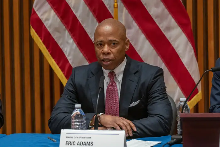 New York City Mayor Eric Adams speaks at a press conference on end-of-year crime statistics with top NYPD officials at 1 Police Plaza in New York City. The mayor released a $102.7 billion spending proposal.